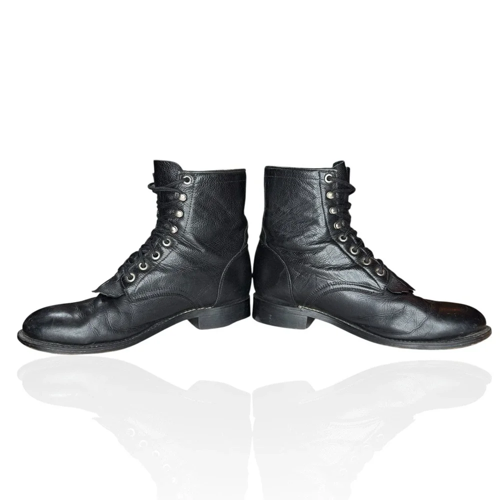Vintage Justin Black Leather Roper Boots Mens‎ 5D Lace-Up Western Logger